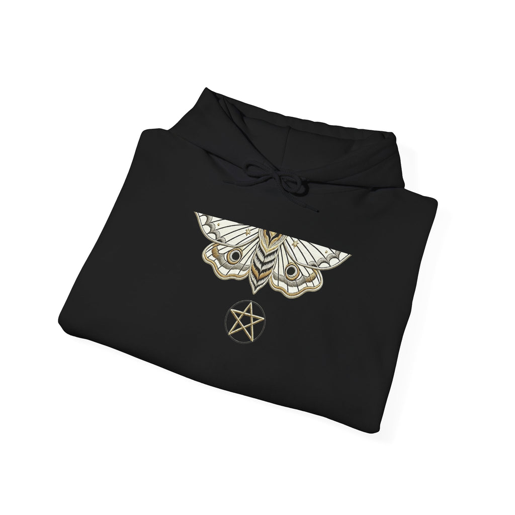Mystic Moth Hoodie — Sacred Pentacle Chest Design