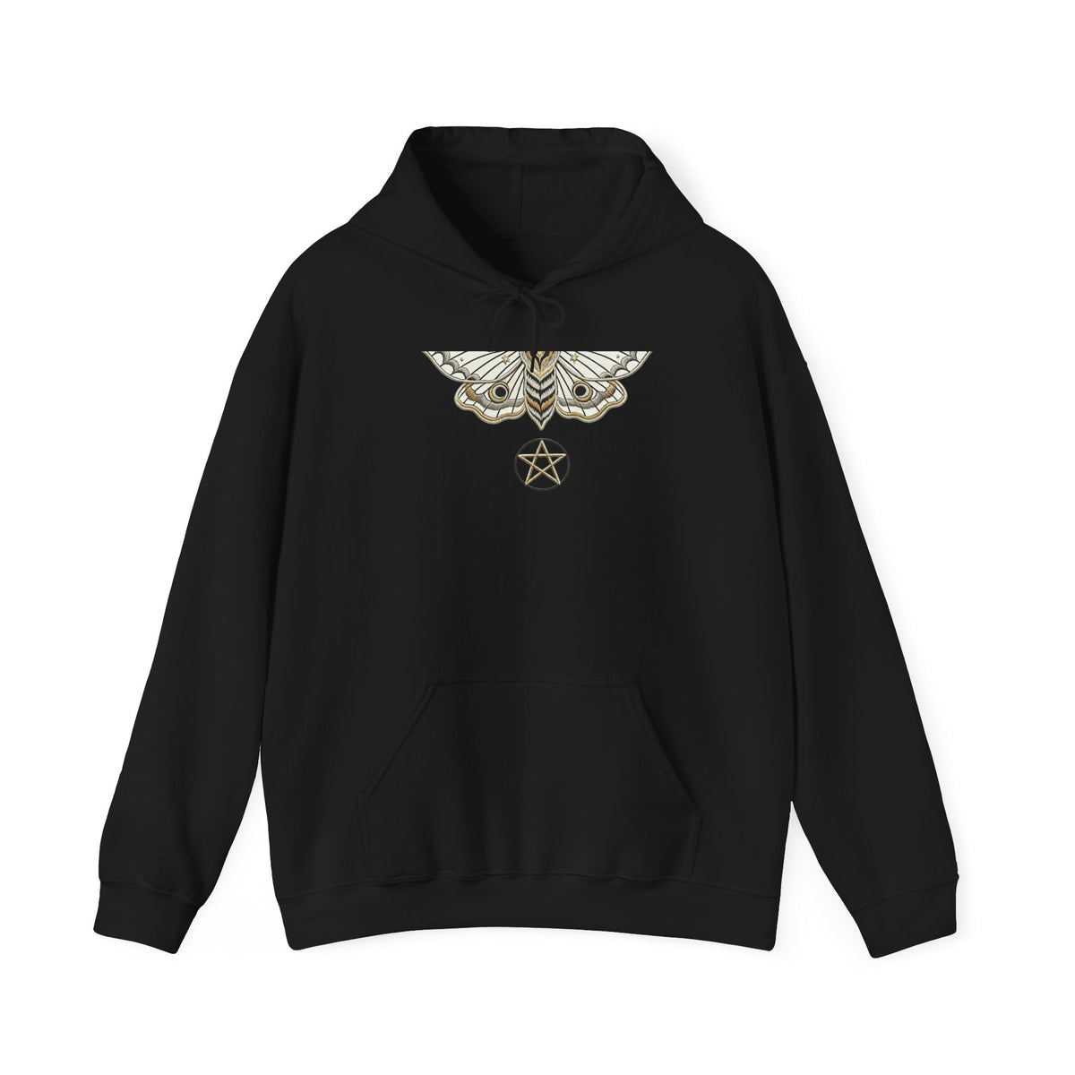 Mystic Moth Hoodie — Sacred Pentacle Chest Design