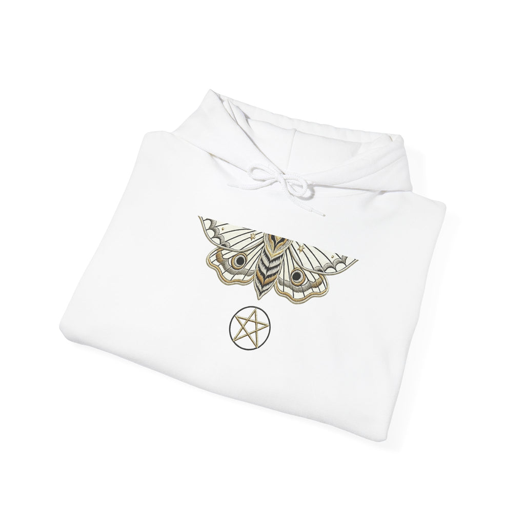 Mystic Moth Hoodie — Sacred Pentacle Chest Design